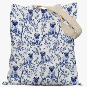 French Country Pug Tote bag Blue and White Chinoiserie pug Canvas Tote Bag. New